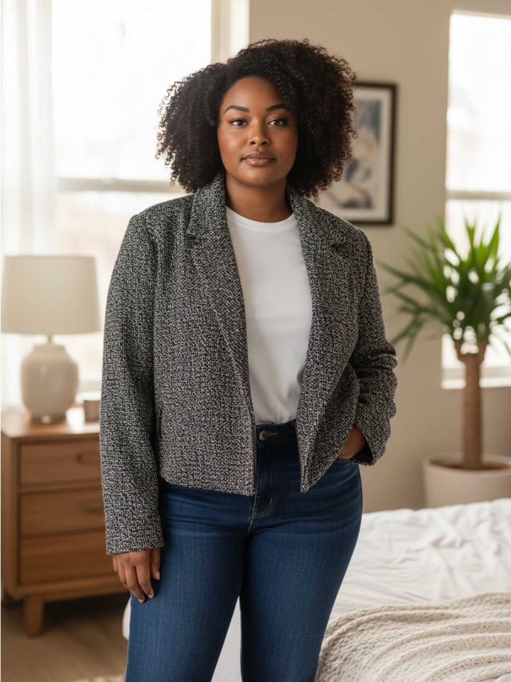 Covington Black and White Textured Cropped Blazer